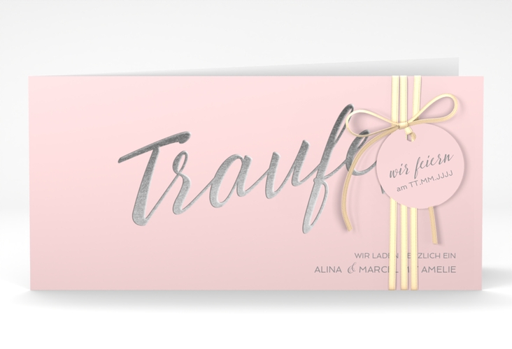 Hochzeitseinladung Traufe lange Klappkarte quer rosa