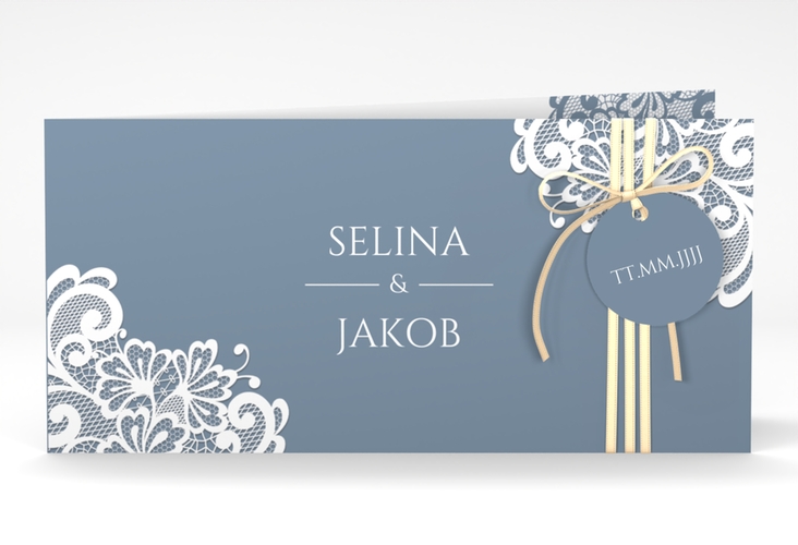 Hochzeitseinladung Vintage lange Klappkarte quer blau mit floraler Spitze