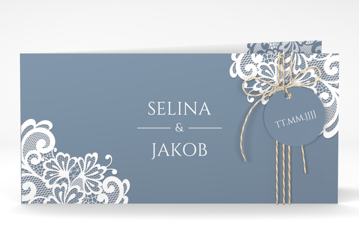 Hochzeitseinladung Vintage lange Klappkarte quer blau mit floraler Spitze