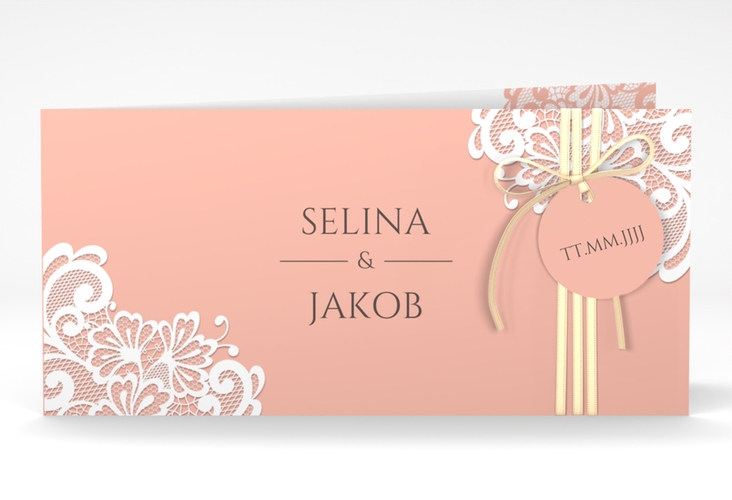 Hochzeitseinladung Vintage lange Klappkarte quer apricot mit floraler Spitze