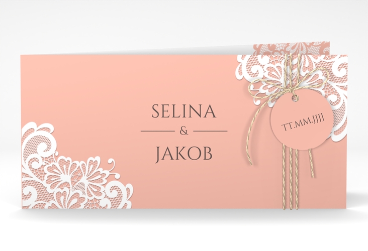 Hochzeitseinladung Vintage lange Klappkarte quer apricot mit floraler Spitze