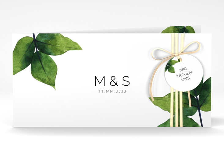 Hochzeitseinladung Greenery lange Klappkarte quer gruen hochglanz minimalistisch mit grünen Blättern