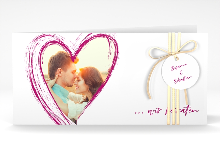 Hochzeitseinladung Liebe lange Klappkarte quer pink hochglanz