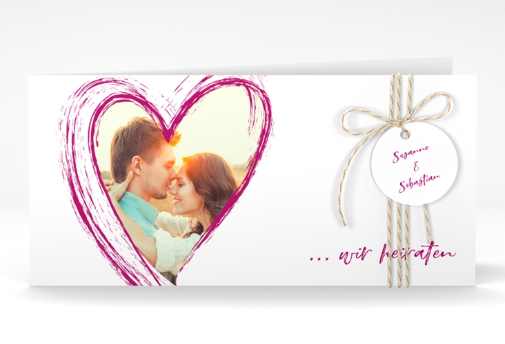 Hochzeitseinladung Liebe lange Klappkarte quer pink hochglanz
