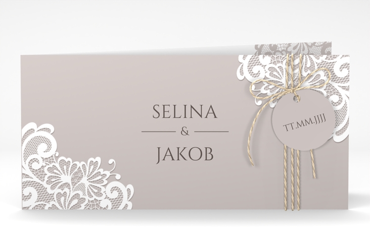 Hochzeitseinladung Vintage lange Klappkarte quer mit floraler Spitze