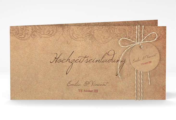Hochzeitseinladung Fairytale lange Klappkarte quer braun mit Vintage-Bordüre
