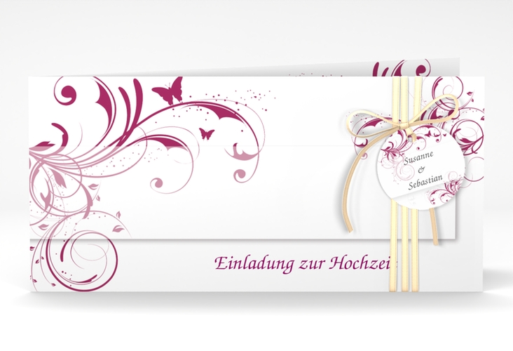 Hochzeitseinladung Palma lange Klappkarte quer pink hochglanz