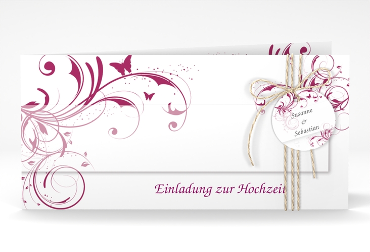 Hochzeitseinladung Palma lange Klappkarte quer pink hochglanz