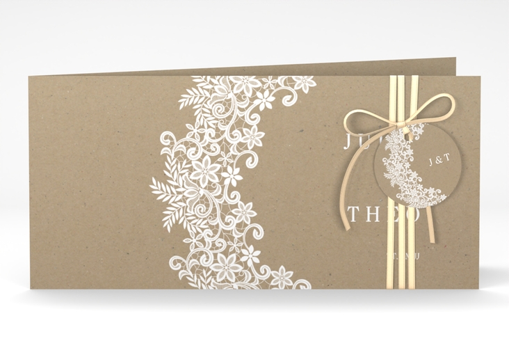Hochzeitseinladung Mariage lange Klappkarte quer Kraftpapier hochglanz mit Bogen aus weißer Spitze