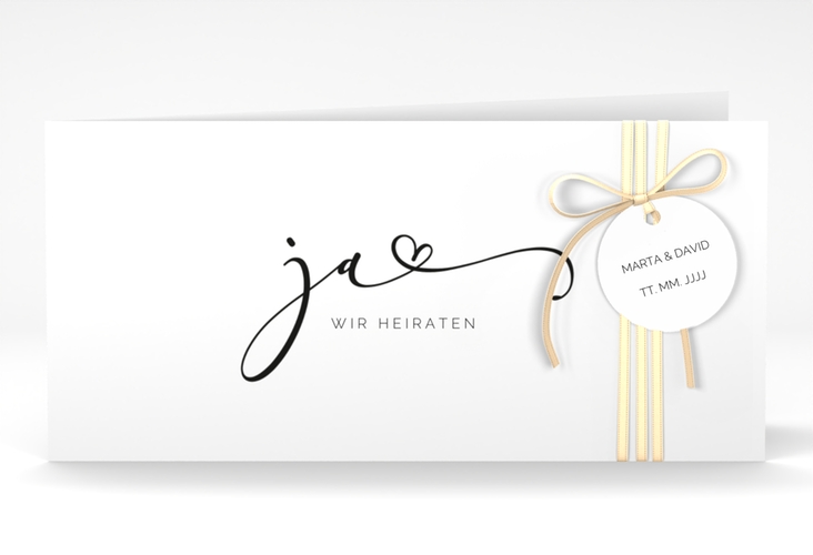 Hochzeitseinladung Jawort lange Klappkarte quer weiss hochglanz modern minimalistisch mit veredelter Aufschrift
