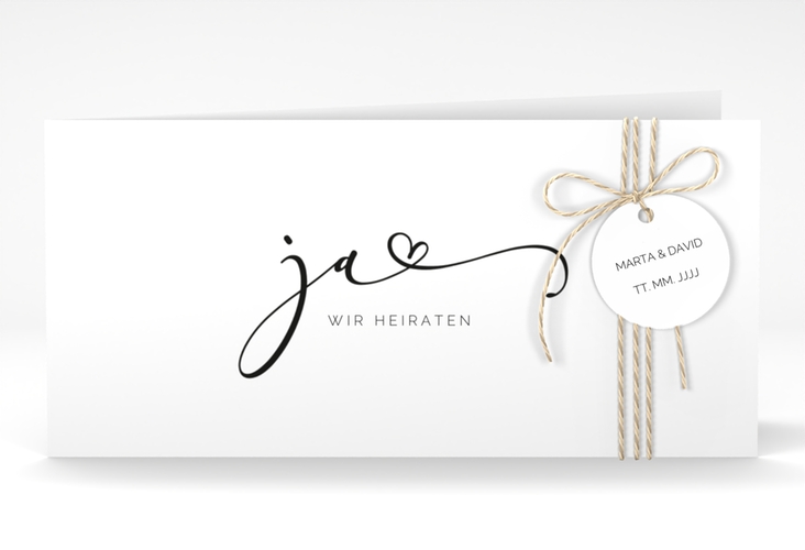 Hochzeitseinladung Jawort lange Klappkarte quer weiss hochglanz modern minimalistisch mit veredelter Aufschrift