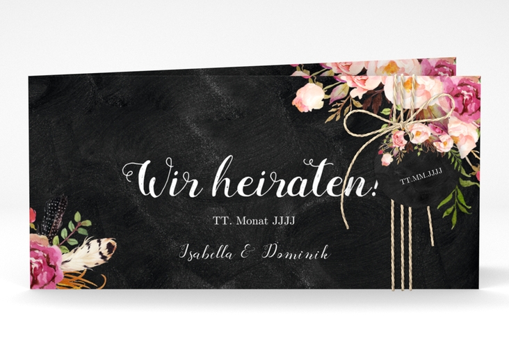 Hochzeitseinladung Flowers lange Klappkarte quer schwarz hochglanz mit bunten Aquarell-Blumen