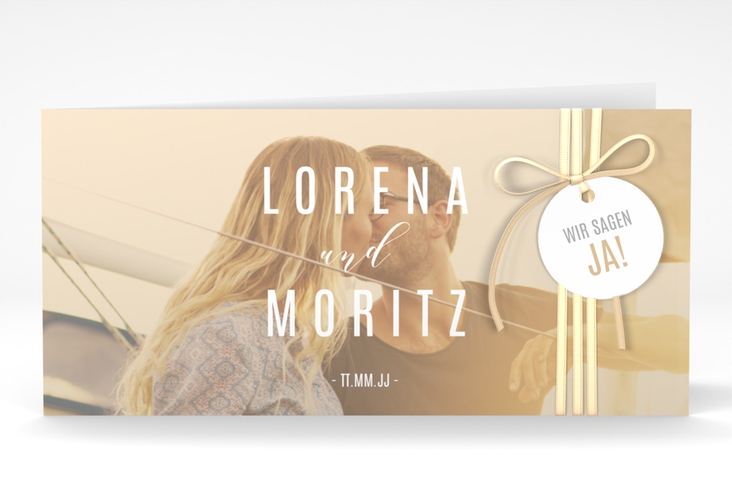 Hochzeitseinladung Memory lange Klappkarte quer beige