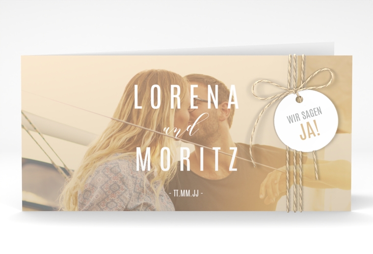 Hochzeitseinladung Memory lange Klappkarte quer beige