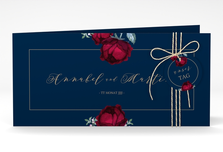 Hochzeitseinladung Peonies lange Klappkarte quer blau hochglanz elegant mit Pfingstrosen