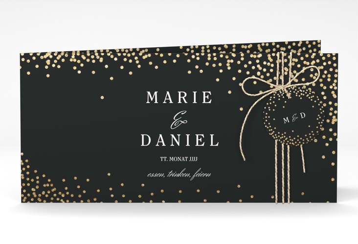 Hochzeitseinladung Glitter lange Klappkarte quer schwarz hochglanz