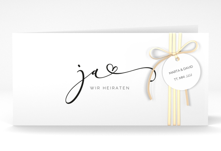 Hochzeitseinladung Jawort lange Klappkarte quer weiss hochglanz modern minimalistisch mit veredelter Aufschrift