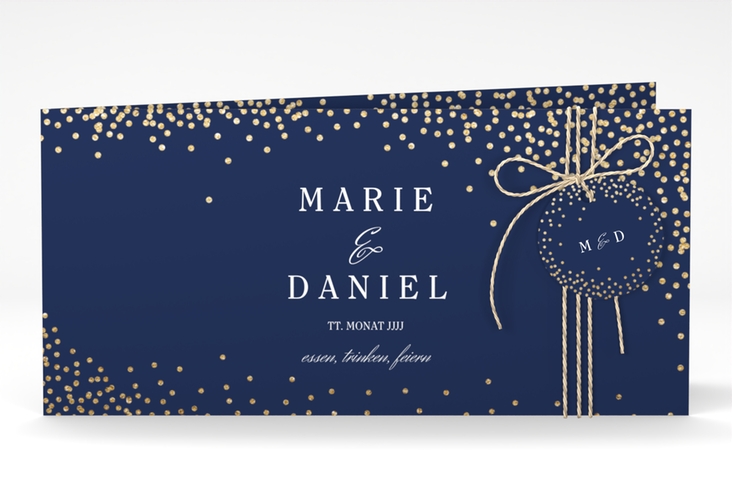 Hochzeitseinladung Glitter lange Klappkarte quer blau hochglanz
