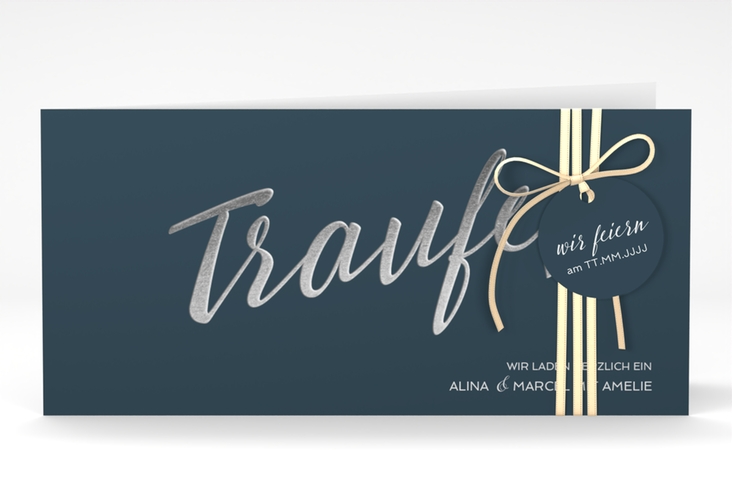 Hochzeitseinladung Traufe lange Klappkarte quer blau hochglanz