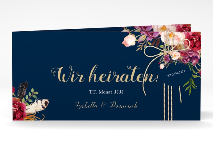 Hochzeitseinladung Flowers lange Klappkarte quer blau hochglanz mit bunten Aquarell-Blumen