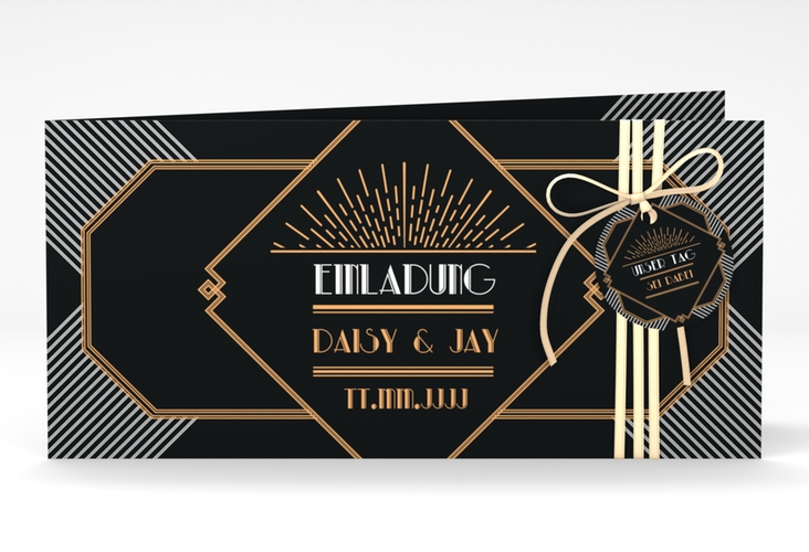 Hochzeitseinladung Gatsby lange Klappkarte quer schwarz im 20er-Jahre-Stil