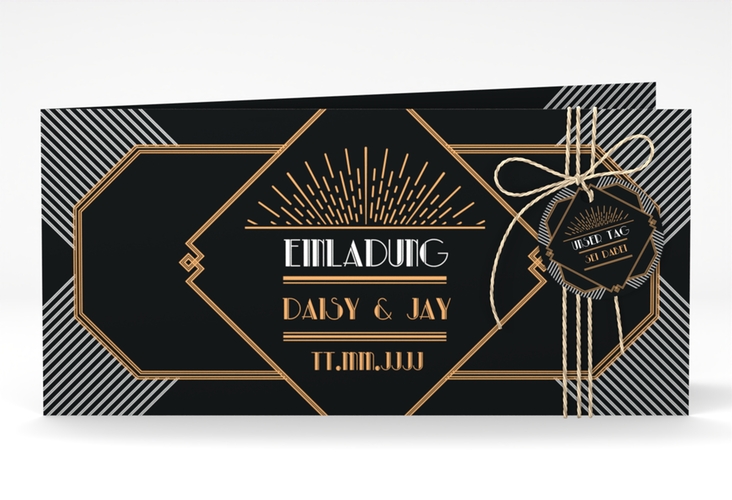 Hochzeitseinladung Gatsby lange Klappkarte quer schwarz im 20er-Jahre-Stil