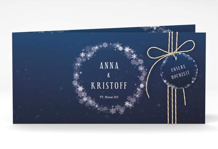 Hochzeitseinladung Winterdream lange Klappkarte quer blau mit Eisblumen