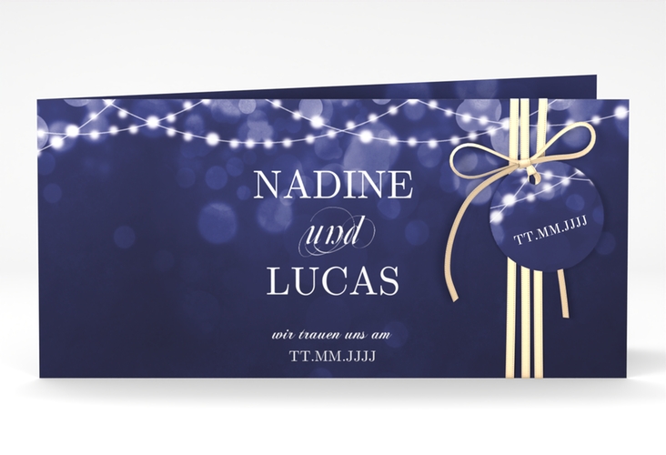 Hochzeitseinladung Lichtspiel lange Klappkarte quer blau