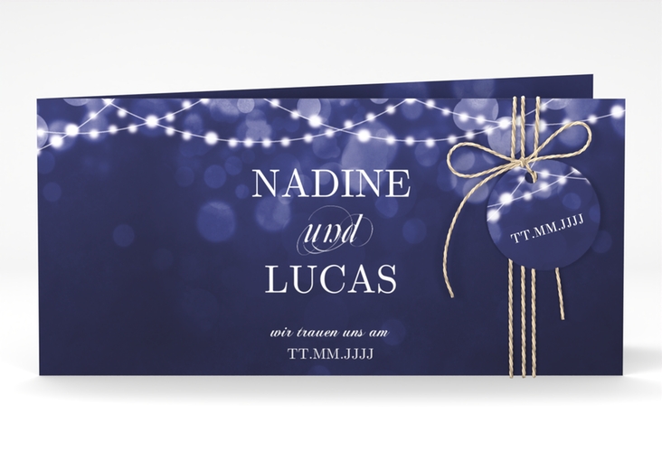 Hochzeitseinladung Lichtspiel lange Klappkarte quer blau