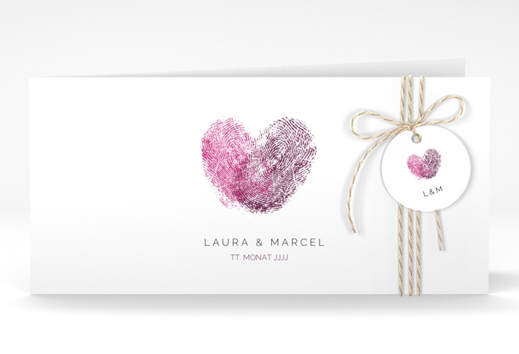Hochzeitseinladung Fingerprint lange Klappkarte quer pink hochglanz schlicht mit Fingerabdruck-Motiv