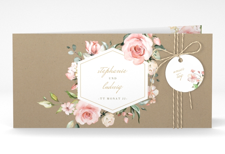 Hochzeitseinladung Graceful lange Klappkarte quer hochglanz mit Rosenblüten in Rosa und Weiß