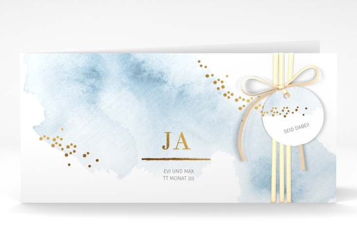 Hochzeitseinladung Pastell lange Klappkarte quer blau hochglanz