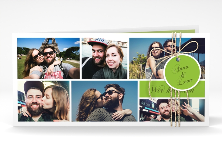 Hochzeitseinladung Collage lange Klappkarte quer gruen
