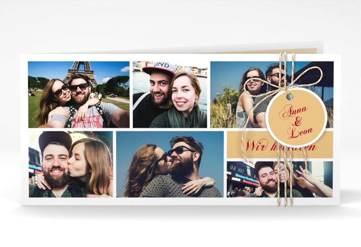Hochzeitseinladung Collage lange Klappkarte quer apricot hochglanz