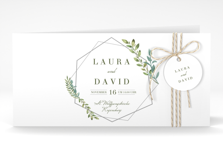 Hochzeitseinladung Herbarium lange Klappkarte quer grau mit geometrischem Rahmen und Blätter-Dekor