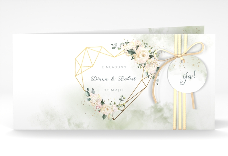 Hochzeitseinladung Adore lange Klappkarte quer gruen hochglanz