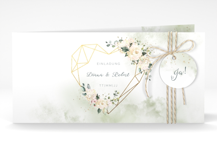 Hochzeitseinladung Adore lange Klappkarte quer gruen hochglanz