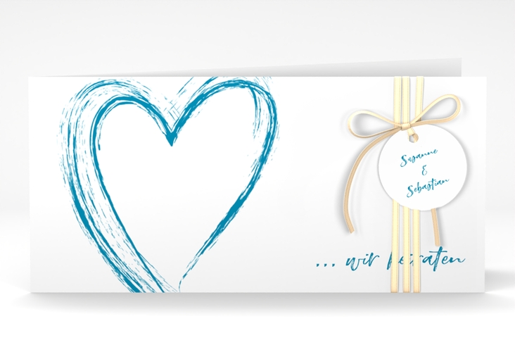 Hochzeitseinladung Liebe lange Klappkarte quer tuerkis hochglanz