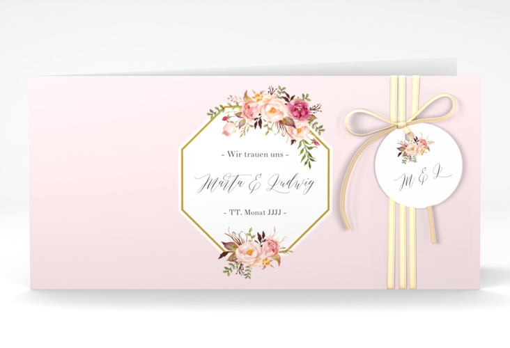 Hochzeitseinladung Prachtvoll lange Klappkarte quer rosa hochglanz
