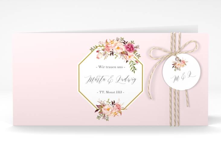 Hochzeitseinladung Prachtvoll lange Klappkarte quer rosa hochglanz