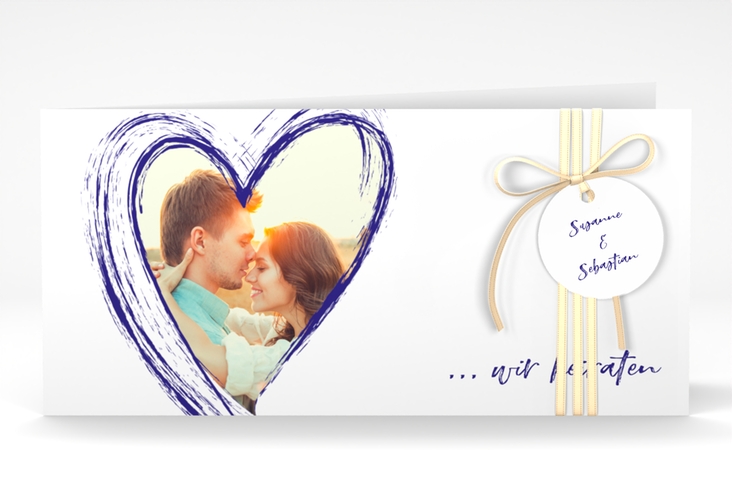 Hochzeitseinladung Liebe lange Klappkarte quer blau hochglanz