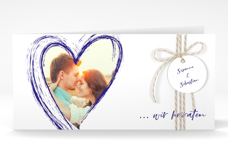 Hochzeitseinladung Liebe lange Klappkarte quer blau hochglanz