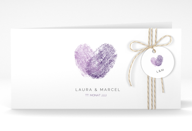 Hochzeitseinladung Fingerprint lange Klappkarte quer lila hochglanz schlicht mit Fingerabdruck-Motiv