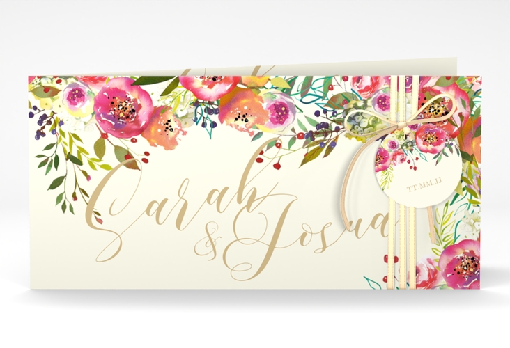 Hochzeitseinladung Flowerbomb lange Klappkarte quer beige hochglanz