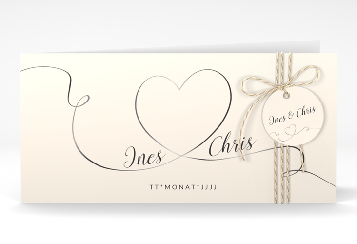 Hochzeitseinladung Dolce lange Klappkarte quer beige hochglanz