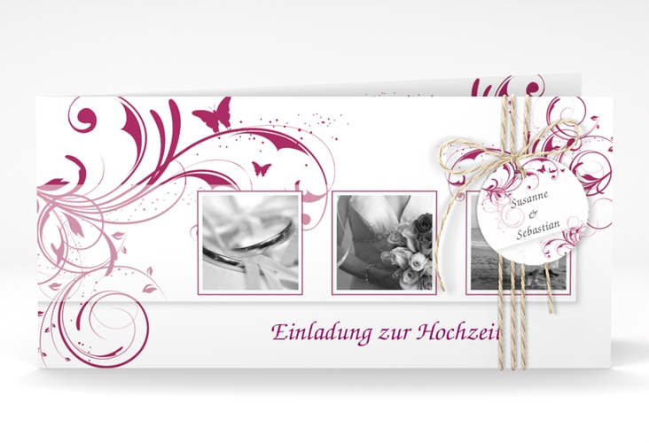 Hochzeitseinladung Palma lange Klappkarte quer pink