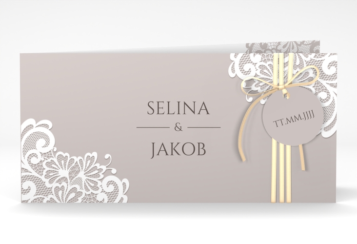 Hochzeitseinladung Vintage lange Klappkarte quer mit floraler Spitze