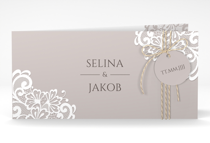 Hochzeitseinladung Vintage lange Klappkarte quer mit floraler Spitze