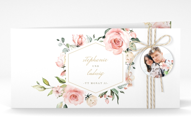 Hochzeitseinladung Graceful lange Klappkarte quer weiss mit Rosenblüten in Rosa und Weiß