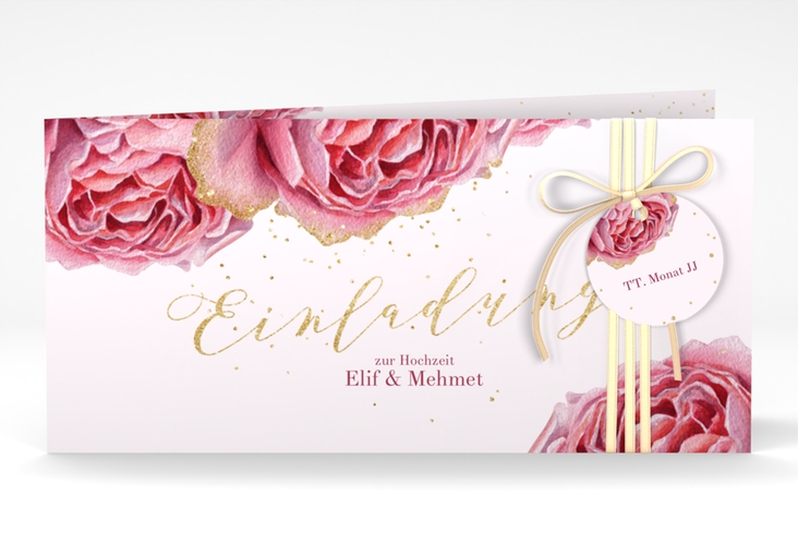 Hochzeitseinladung Cherie lange Klappkarte quer rosa